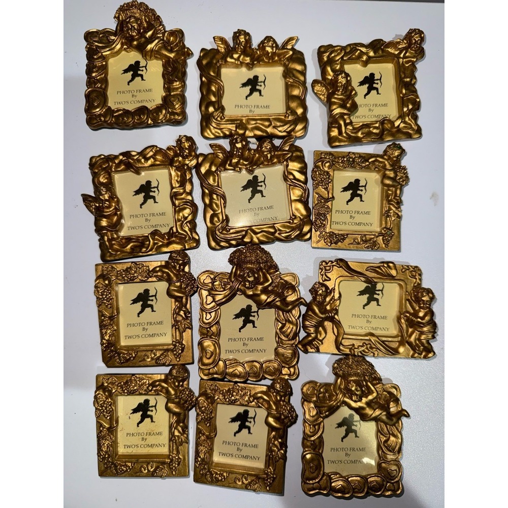 VTG Set of 12 Gold Toned Two's Company Small Photo Frames Angel Cherub Ribbon N